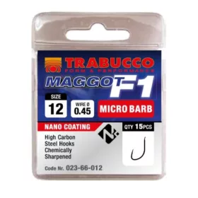 Trabucco F1 Maggot 12 Plättchen, Widerhakenhaken 15 Stk.