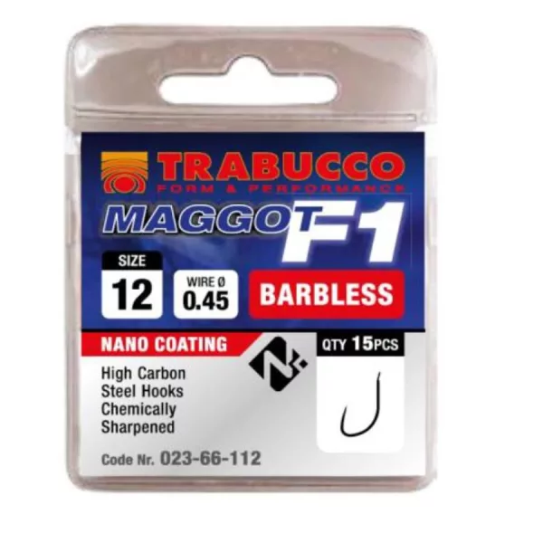 Trabucco F1 Maggot 16 mit Platte, widerhakenloser Haken 15 Stk.
