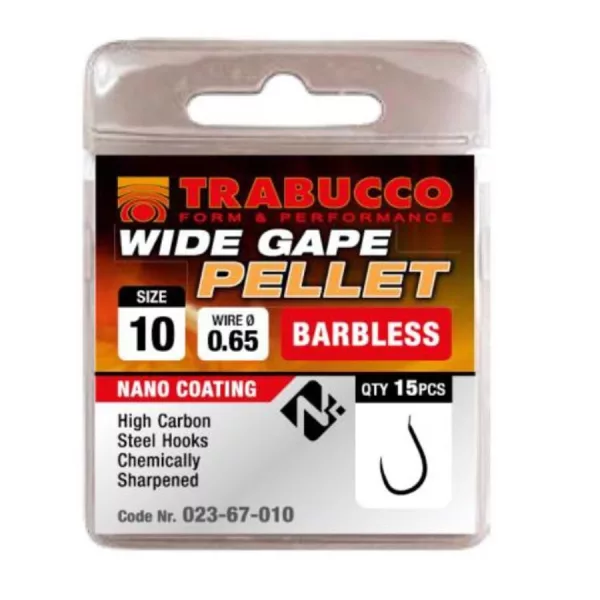 Trabucco Wide Gape Pellet 14 Plättchen, Widerhakenloser Haken 15 Stk.