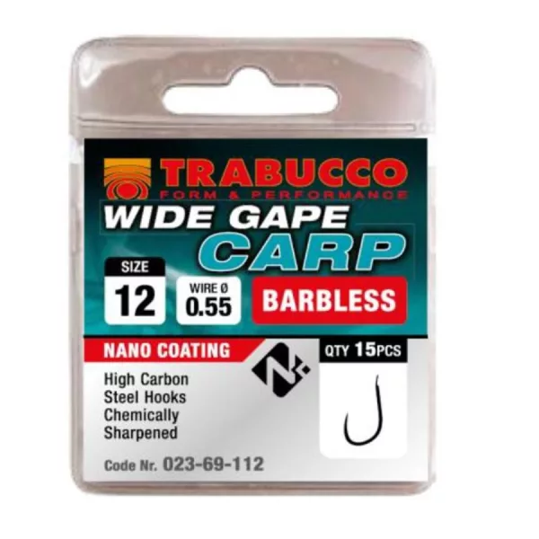 Trabucco Wide Gape Carp 12 mit Platte, Haken ohne Widerhaken 15 Stück