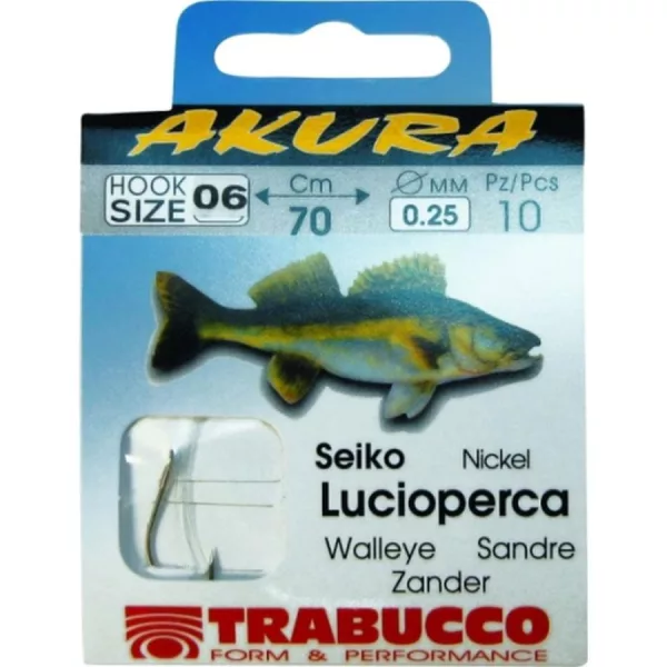 Trabucco Akura Zander 01 Plättchen, Widerhaken Monofil vorgebundener Haken 10Stk