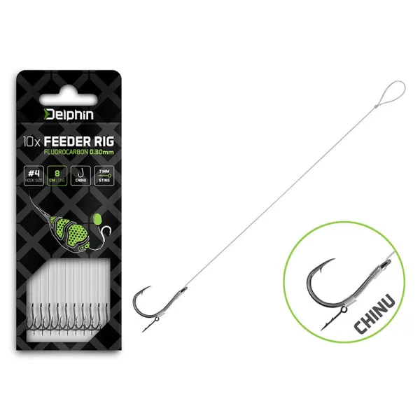 Delphin Fluoro Sting Feeder Rig 8cm Fluorocarbon vorgebundene 6 Chinu Haken 10 Stück