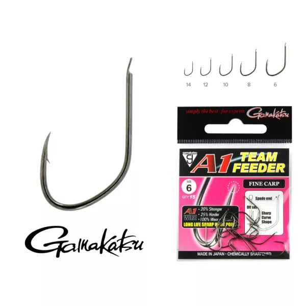 Gamakatsu A1 Team Feeder Fine Feeder Schwarz 16 15db/csomag mit Plättchen und Widerhaken Feederhaken
