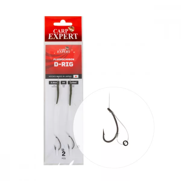 Carp Expert Fluorcarbon D-Rig mit Ring, geöste und mit Widerhaken versehene 4 vorgebundene Haken