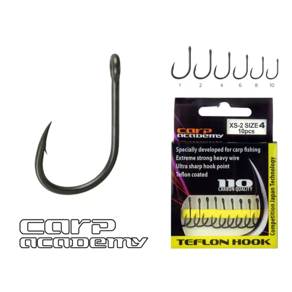 Carp Academy Teflon Hook XS-2 Schwarz 6 10Stk./Packung Geöster Haken mit Widerhaken Boilie-Haken