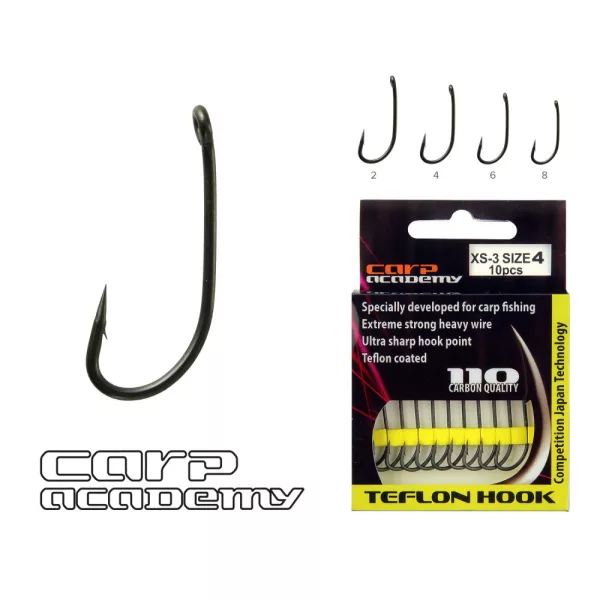 Carp Academy Teflon Hook XS-3 Schwarz 6 10Stk./Packung Geöster Haken mit Widerhaken Boilie-Haken