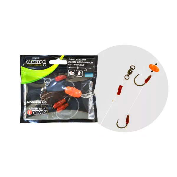 Wizard Monster Surface Livebait Double Mono Rig 9/0+11/0 Round 80cm Doppelhaken Monofil Vorfach
