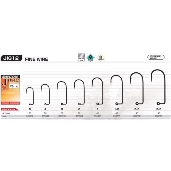 Decoy Pro Pack Jig12 Fine Wire #6 Öhr-Widerhaken-Einzel-Jighaken 50 Stück