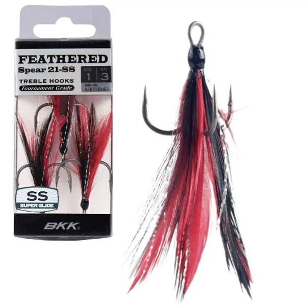 BKK Feathered Spear-21 SS 5 Öhr, mit Widerhaken, Rot-Schwarzer Drillingshaken 3 Stück