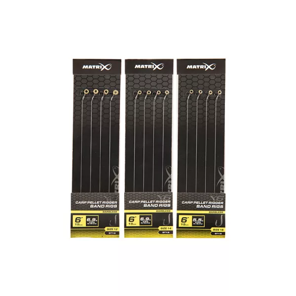 Matrix X6 Carp Pellet Rigger Band Rigs 14 15cm Füles, Szakáll Nélküli Monofil Előkötött Horog Csaligyűrűvel 8db
