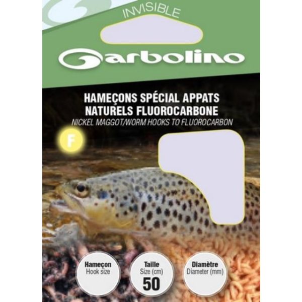 Garbolino Nickel Maden-/Wurmhaken an Fluorocarbon 8 mit Plättchen, mit Widerhaken, vorgebunden, 10 Stk.