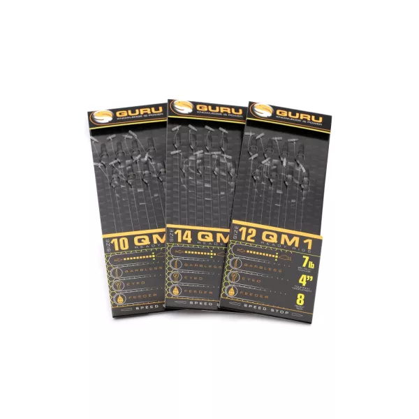 Guru QM1 Speed Stop 12 Ösen, widerhakenloser, vorgebundener Monofilhaken 8 Stk.