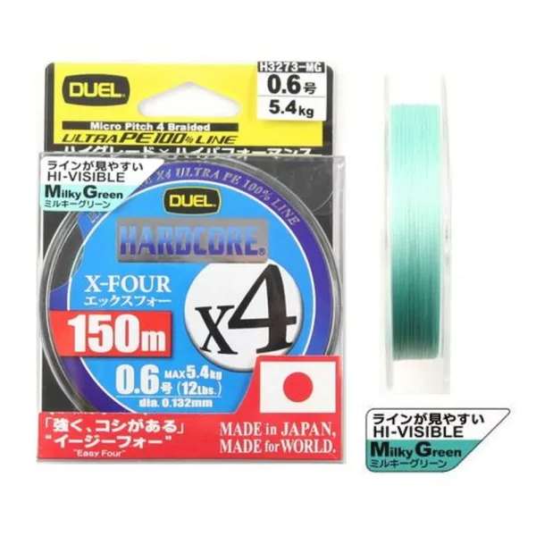 DUEL Hardcore X4 PE 0,8 150m 4-fädig geflochten, Farbe Milky Green Geflochtene Schnur