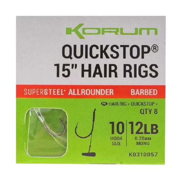 Korum 38cm Big Fish Hair Rigs W Quickstops Größe 14 Ösenhaken mit Widerhaken Monofil vorgebundener Haken