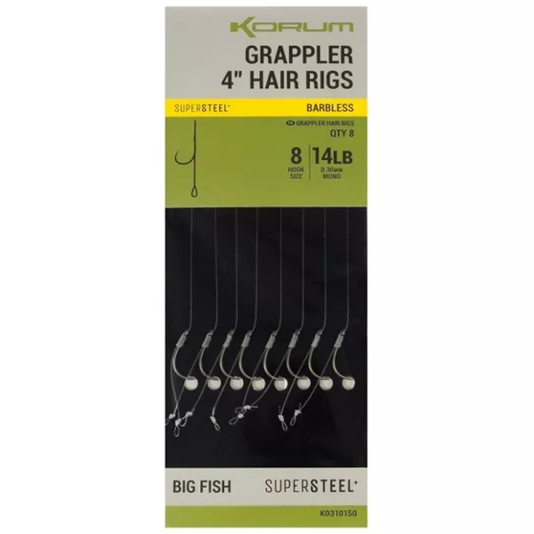 Korum Grappler Hair Rigs 4" 14 Widerhakenlose Monofil-Vorfachhaken mit Öhr 8 Stk.
