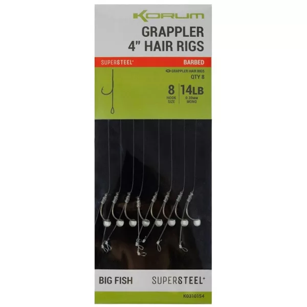 Korum Grappler Hair Rigs 4" 14 Widerhaken Monofil-Vorfachhaken mit Öhr 8 Stk.