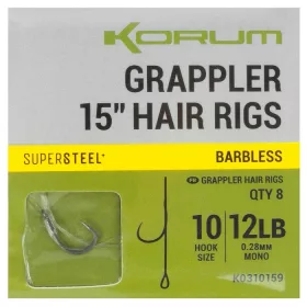   Korum Grappler Hair Rigs 38cm 10 Barbless Ösen Monofil Vorfachhaken