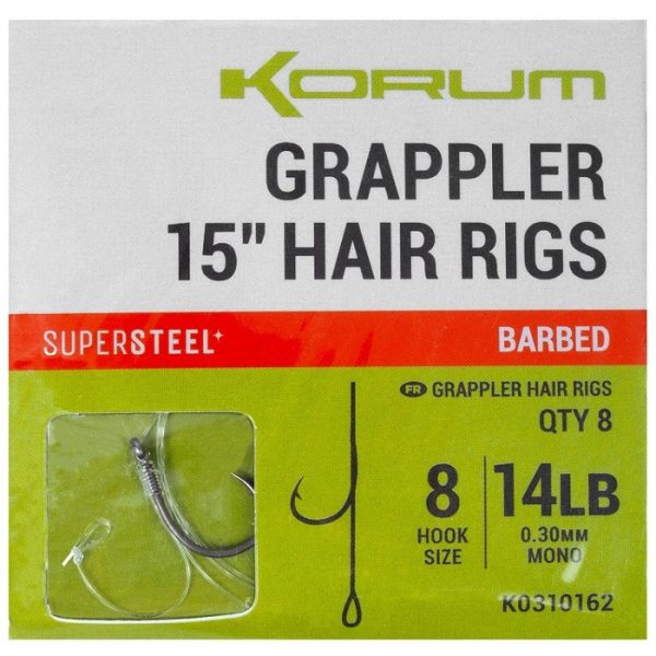 Korum Grappler Hair Rigs 38cm 10 Barbed Ösen Monofil Vorfachhaken