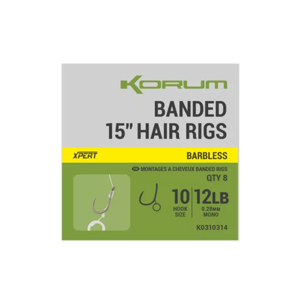 Korum Banded Hair Rigs 10 Barbless Widerhakenlos, Geöst Monofil Vorfachhaken 8 Stk.