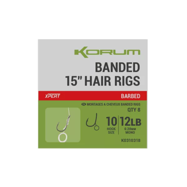 Korum Banded Hair Rigs 8 Barbed Widerhaken, Geöst Monofil Vorfachhaken 8 Stk.
