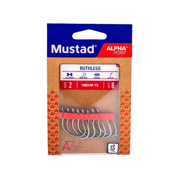 Mustad Ruthless Eyed 2/0 Öhr, Barbierter Haken 6 Stk.