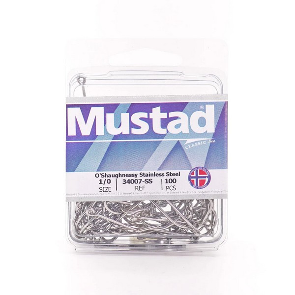 Mustad O'Shaughnessy Edelstahl 1/0 Ösenhaken mit Widerhaken 25 Stk.