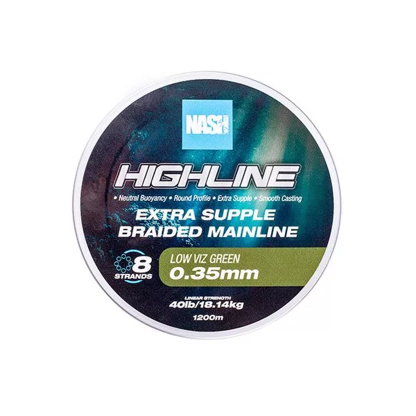 Nash Highline Extra Supple Low Víz Grün 0.35mm 1200m Geflochtene Hauptschnur